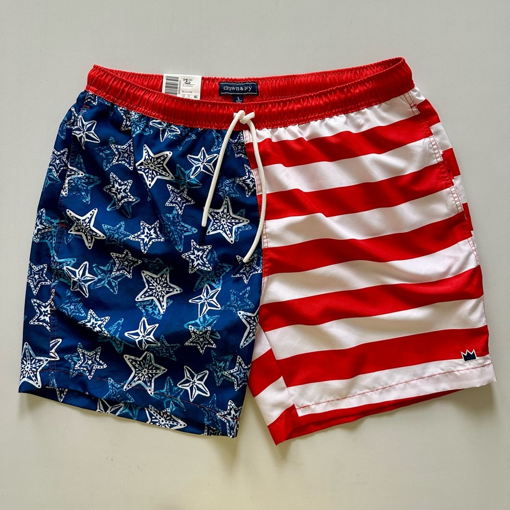 Men’s Crown & Ivy Red and White Swim Trunks Patriotic Style